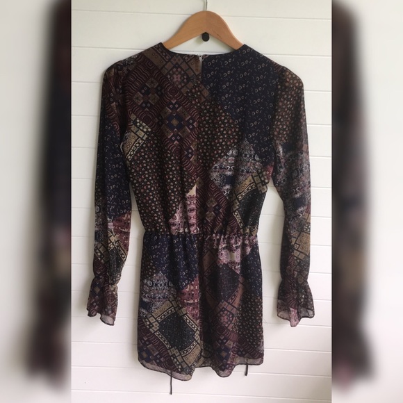 BCBGeneration NEW Patchwork Long Sleeve Romper Lightweight Bohemian Lace Up - Picture 2 of 4